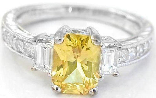 Radiant cut natural yellow sapphire ring in 14k white gold