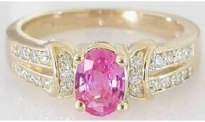 Natural Oval Pink Sapphire Engagement Ring in solid 14k yellow gold for sale