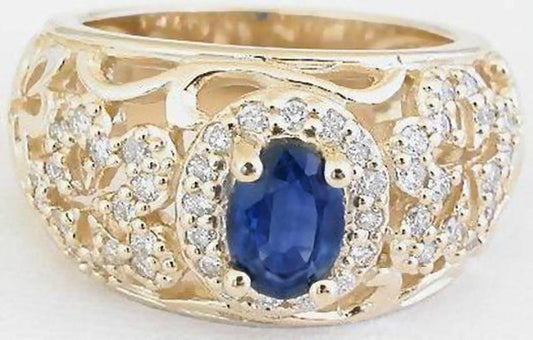 Natural Oval Sapphire Ring with Open Flower Design in solid 14k yellow gold for sale