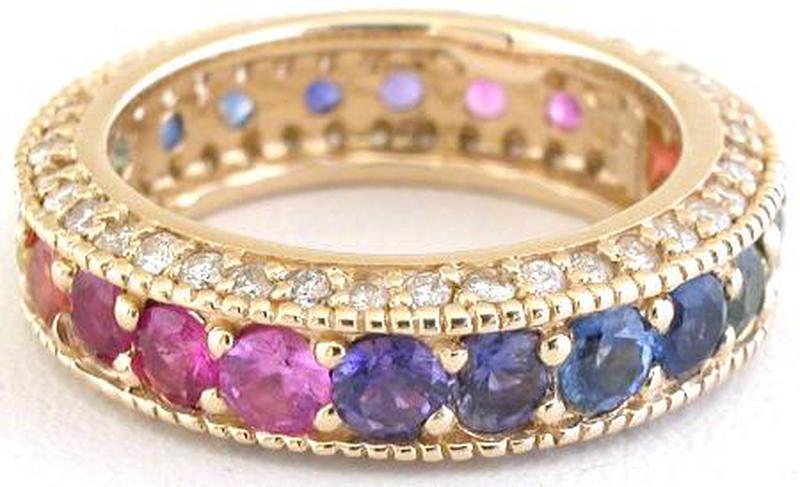 Round cut natural rainbow sapphire wedding ring in 14k gold
