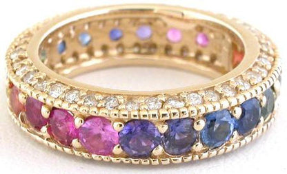 Round cut natural rainbow sapphire wedding ring in 14k gold