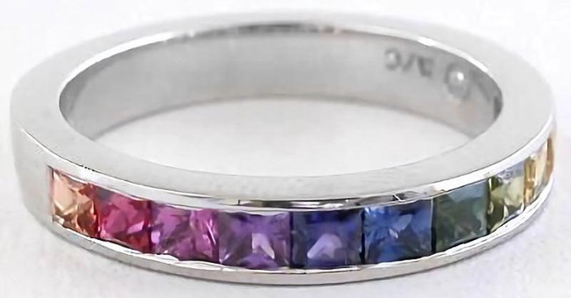 Princess Cut Natural Rainbow Sapphire Ring in 14k white gold- channel set
