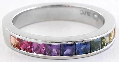 Princess Cut Natural Rainbow Sapphire Ring in 14k white gold- channel set