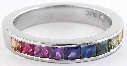 Princess Cut Natural Rainbow Sapphire Ring in 14k white gold- channel set