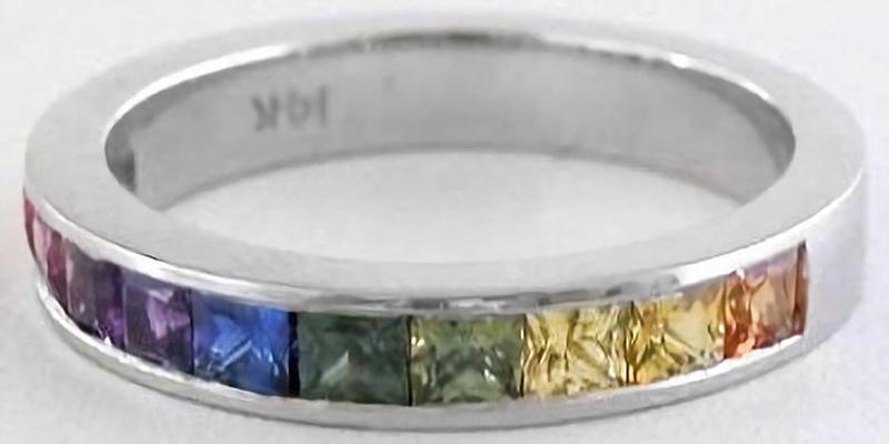14k white gold Channel Set Princess Cut Natural Rainbow Sapphire Band Ring