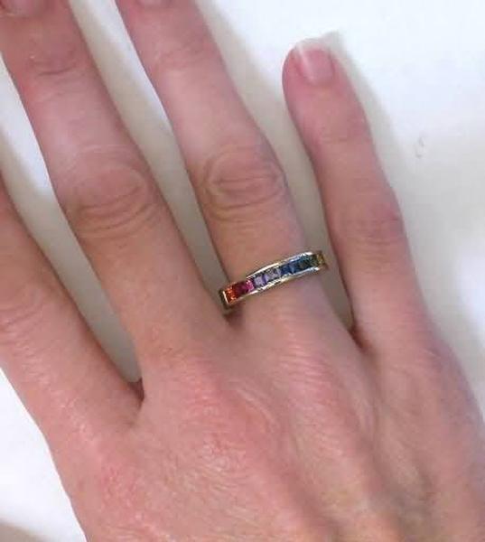 Princess Cut Natural Rainbow Sapphire Ring in 14k white gold- channel set