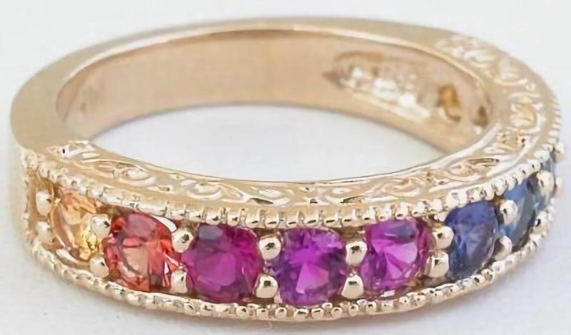 3mm Round Natural Rainbow Sapphire Band Ring in Carved 14k yellow gold band