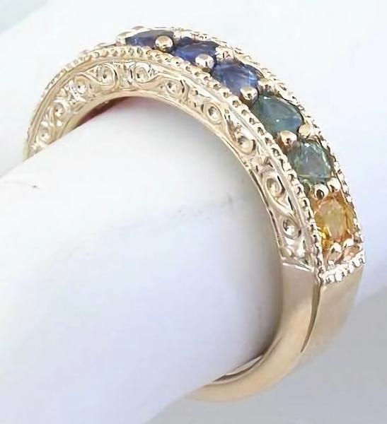 Woman's Round Natural Rainbow Sapphire Band Ring in 14k yellow gold