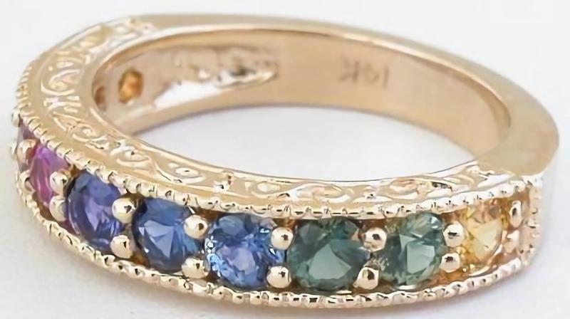 Round Natural Ceylon Rainbow Sapphire Band Ring in 14k yellow gold