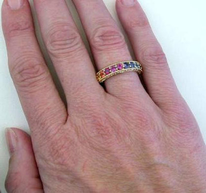 Round Natural Rainbow Sapphire Band Ring in 14k yellow gold