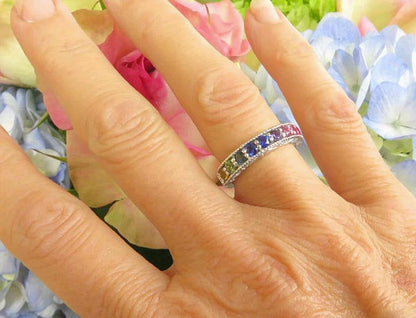 Natural Multi Color Rainbow Sapphire Ring- 14k white gold with Fancy Carved Band