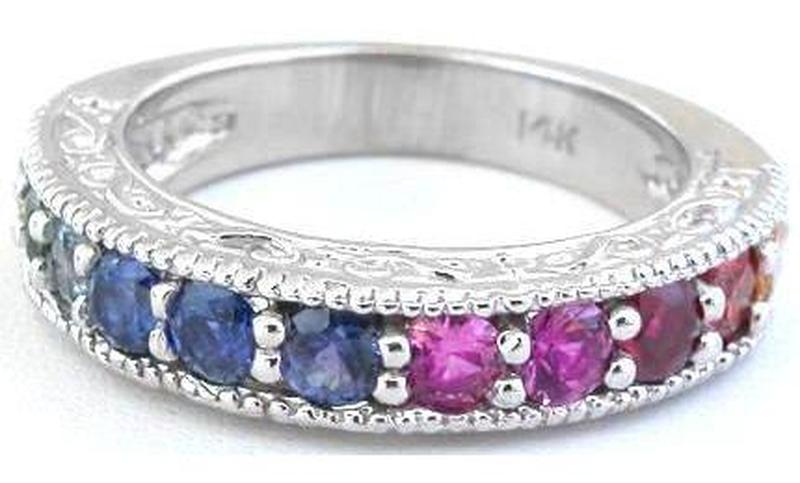 Natural Round Rainbow Sapphire Ring- 14k white gold for sale