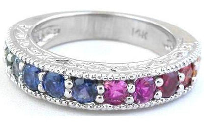 Natural Round Rainbow Sapphire Ring- 14k white gold for sale