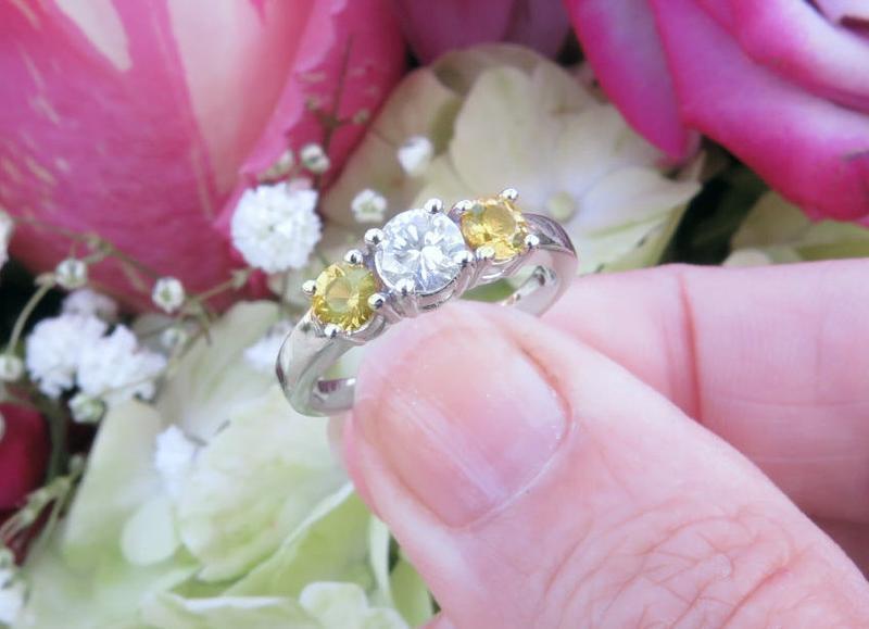 Real Round Diamond Wedding Ring with Natural Round Yellow Sapphires in 14k white gold. Wedding ring with sapphires.