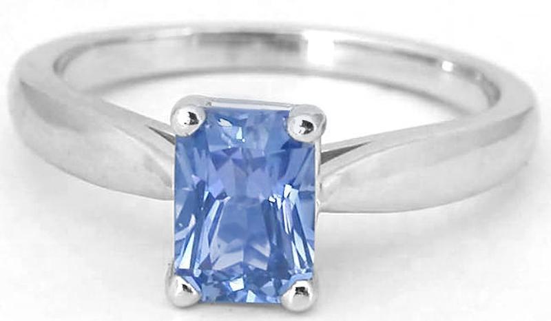 Solitaire set radiant cut natural blue sapphire ring in 14k white gold
