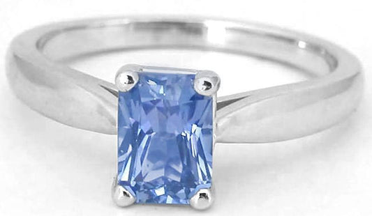 Solitaire set radiant cut natural blue sapphire ring in 14k white gold