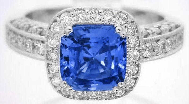 Cushion Sapphire Ring with Diamond Halo in 14k white gold
