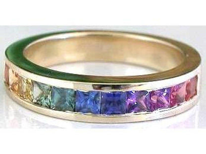 Princess cut natural rainbow sapphire ring in 14k yellow gold