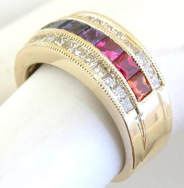 Wide Band Ring Featuring Three Rows of Princess Cut Rainbow Sapphires and Diamonds in 14k yellow gold