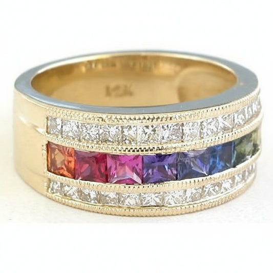 Natural Princess Cut Rainbow Sapphire and Diamond Ring in 14k yellow gold - Anniversary Style