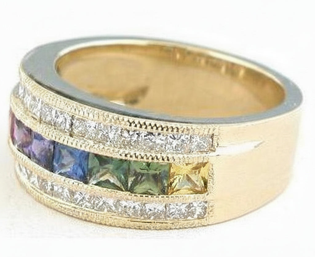 Intensely Colored Rainbow Sapphires in a Princess Cut Paired with Two Rows of Fine Quality Princess Cut Diamonds in 14k yellow gold