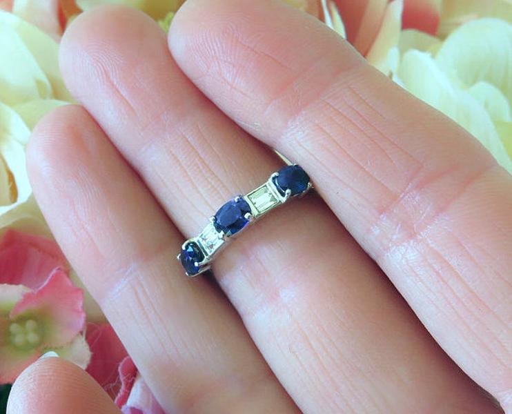 Natural Blue Sapphire and Real Diamond Anniversary Band Ring in solid 18k white gold. East west set sapphires.