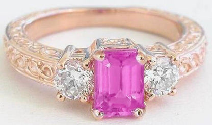 Emerald cut natural pink sapphire ring in 14k rose gold