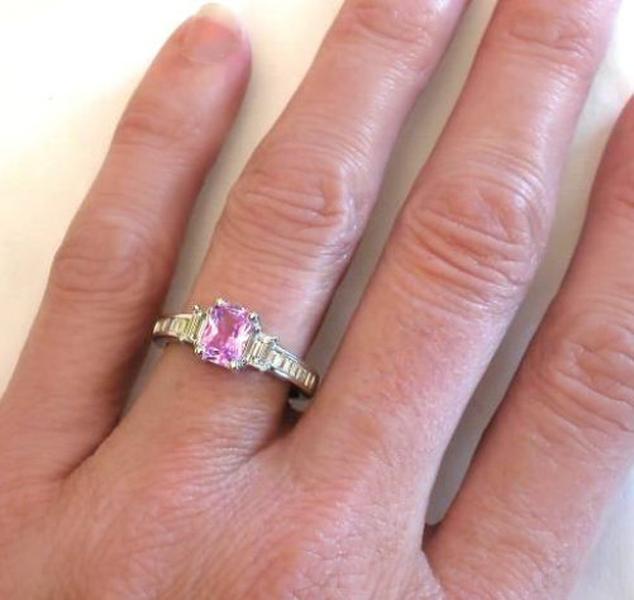 Radiant cut natural pink sapphire ring in 14k white gold