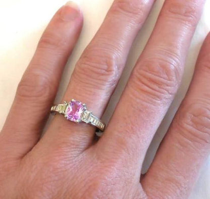 Radiant cut natural pink sapphire ring in 14k white gold