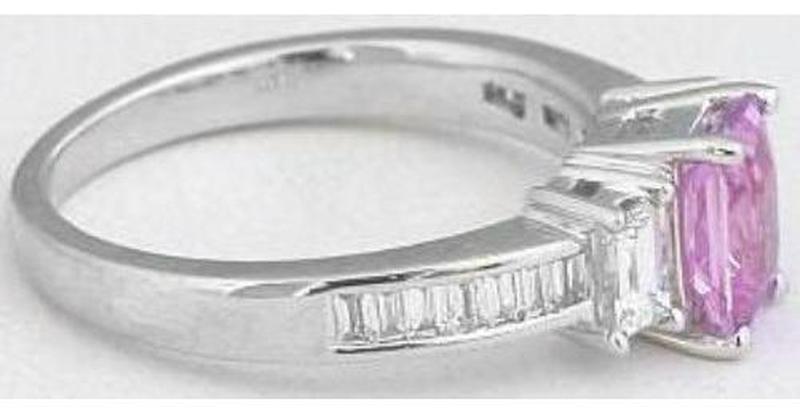Radiant Cut Pink Sapphire and Baguette Diamond Ring in 14k white gold