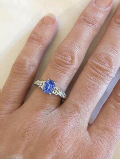 Women's Cushion Natural Blue Sapphire Engagement Ring with Baguette Diamonds 14k white gold