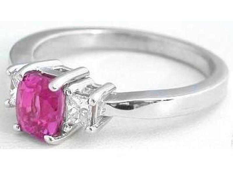 Natural Cushion Cut Pink Sapphire Three Stone Ring with Diamonds in 14k white gold