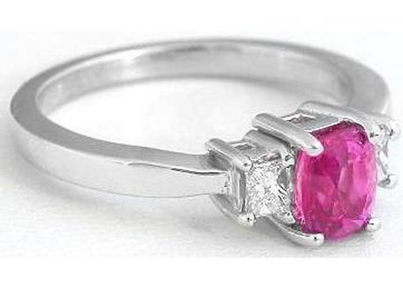 Fine Cushion Cut Pink Sapphire Three Stone Ring with Diamonds in 14k white gold