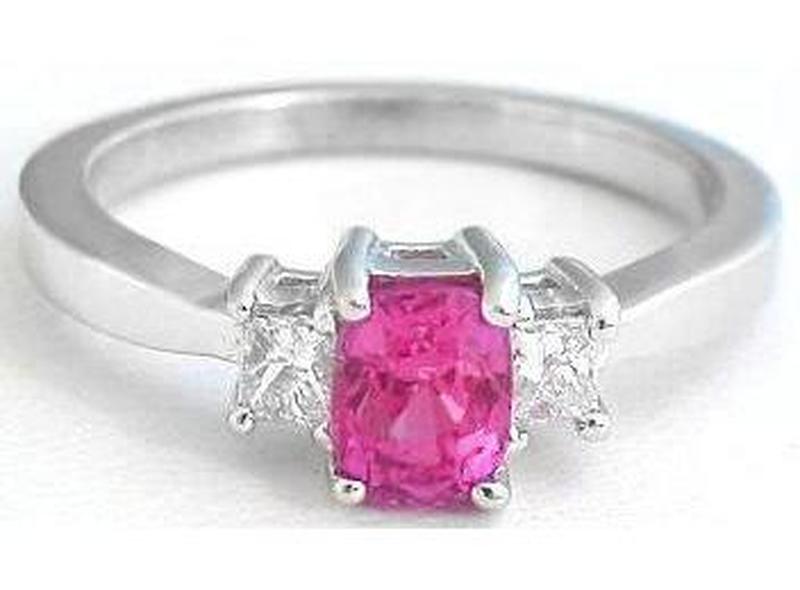 Cushion Cut Pink Sapphire Three Stone Ring with Diamonds in 14k white gold