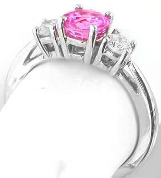 Natural Round Pink Sapphire Three Stone Diamond Engagement Ring in 14k white gold