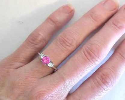 Traditional 14k white gold Pink Sapphire and Round Diamond Engagement Ring