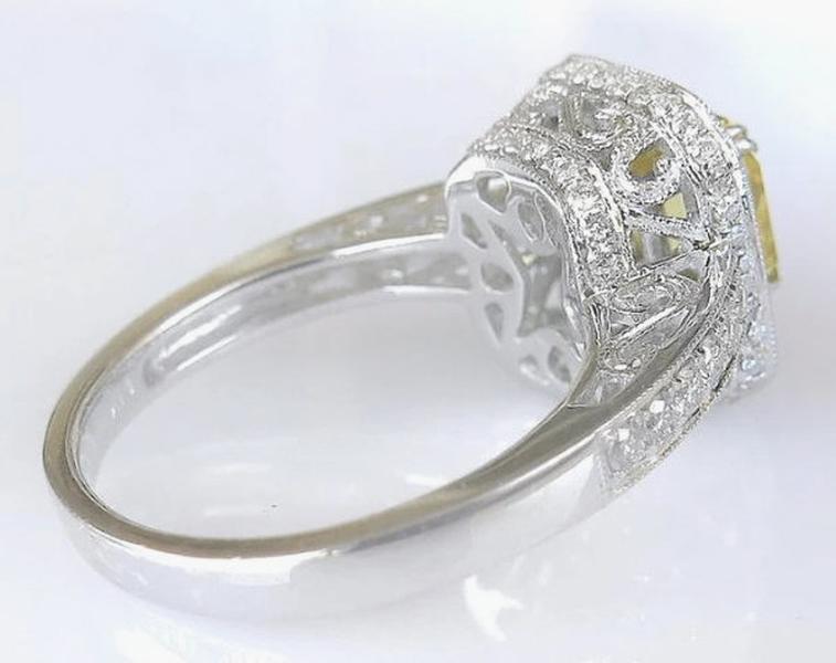 Natural Yellow Sapphire Engagement Ring- Radiant Emerald Cut with a micropave set Double Diamond Halo in 14k white gold for sale