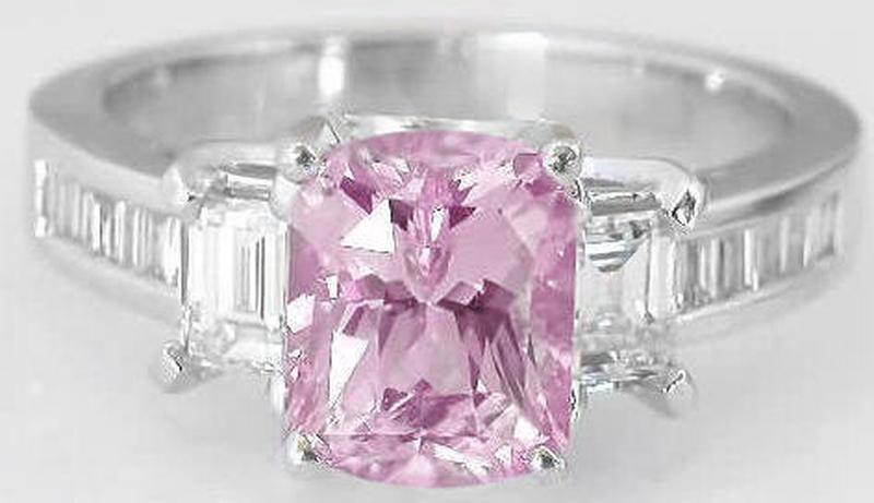 Natural 2.22 carat Light Pink Sapphire and Fancy Baguette Diamond Ring in Platinum - Heirloom Quality