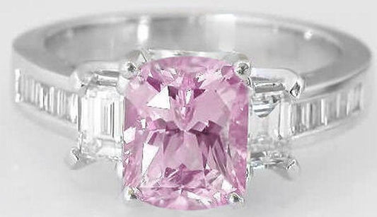 Natural 2.22 carat Light Pink Sapphire and Fancy Baguette Diamond Ring in Platinum - Heirloom Quality