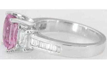 Side View showing the Channel Setting of the Smaller Baguette Diamonds in Pink Sapphire Engagement Ring