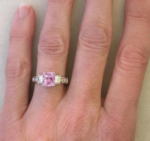 Fine Quality Cushion Cut Light Pink Sapphire and Baguette Diamond Ring on the Hand