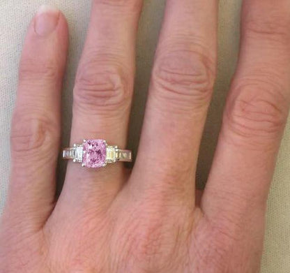 Fine Quality Cushion Cut Light Pink Sapphire and Baguette Diamond Ring on the Hand