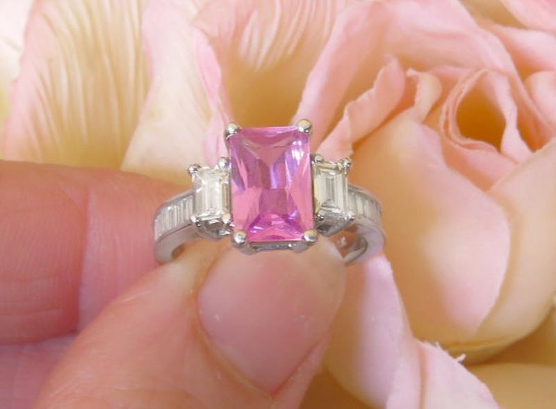 One of a Kind Engagement Ring with Emerald Cut Radiant Cut Bright Pink Sapphire with Large Baguette Diamonds in 14k white gold