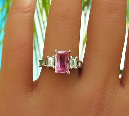 Radiant Cut Pink Sapphire and Diamond Engagement Ring in 14k white gold