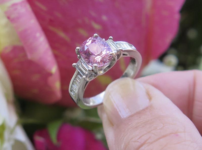 Platinum Cushion Cut Natural Pink Sapphire Wedding Ring with Baguette Diamonds for sale