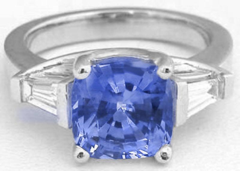 Large Unheated Ceylon Blue Sapphire Ring with Baguette Diamonds in 14k white gold
