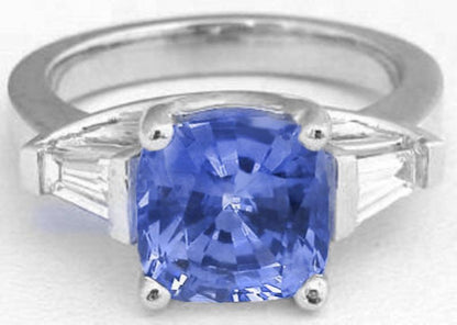 Large Unheated Ceylon Blue Sapphire Ring with Baguette Diamonds in 14k white gold