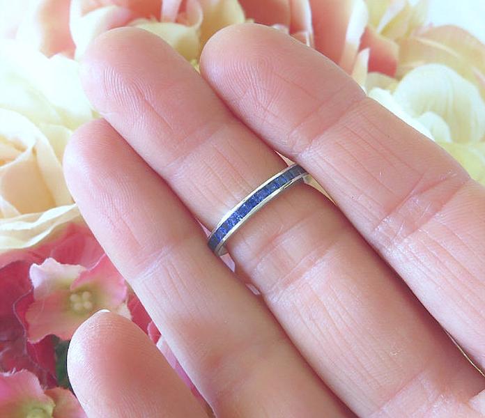 Natural Princess Cut Blue Sapphire Eternity Band Ring with Channel Set Blue Sapphires in gold or platinum