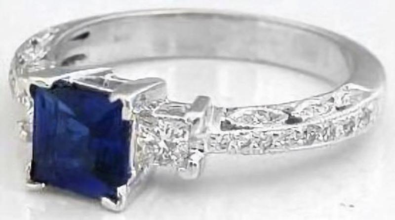 1 carat natural Princess Cut Sapphire and Diamond Engagement Ring in 14k white gold - antique design