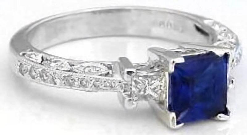 1 carat Natural Princess Cut Sapphire and Princess Diamond Engagement Ring in 14k white gold - antique design